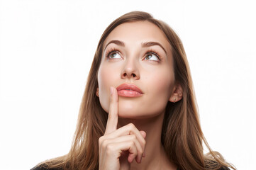 Naklejka premium Young woman looking up with a thoughtful expression, index finger resting on her mouth and chin.