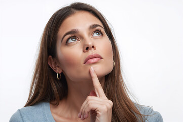 Fototapeta premium Young woman looking upwards with index finger resting on chin while contemplating.