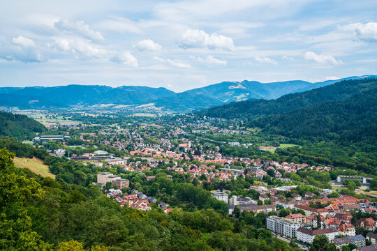 Germany, Aerial panorama view of freiburg im breisgau city houses skyline and beautiful black forest schwarzwald nature landscape schauinsland mountain surrounding