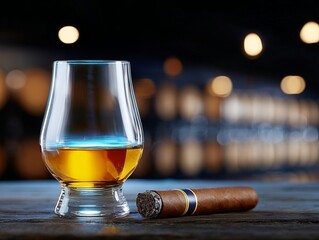 Luxury Interior with Whiskey Glass and Cigar on Polished Table