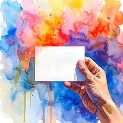 Hand holds a blank card over vibrant watercolor splotches, blending vivid hues of blue, orange, pink and yellow