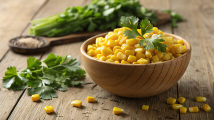 Fresh Sweet Corn Kernels in Wooden Bowl &ndash; Organic Yellow Corn on Rustic Table