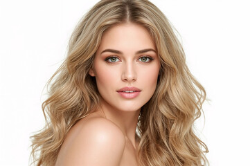 Fototapeta premium Portrait of a blonde woman with long wavy hair and bare shoulders against a white background