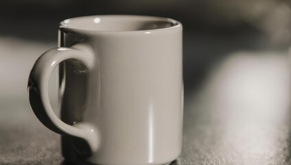 A plain, ceramic mug with a curved handle sits on a reflective surface. Soft lighting creates shadows