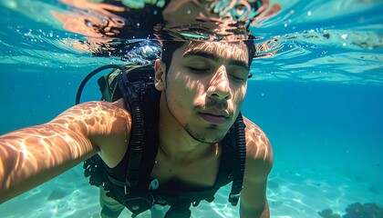 Man underwater in scuba gear, eyes closed, sun-dappled water above, sandy bottom visible. Serene, peaceful, immersive feeling