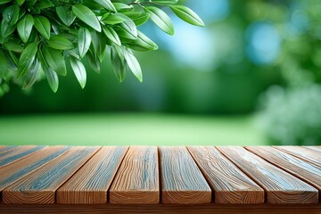 Organic Wooden Table with Hanging Green Leaves over Garden Scene