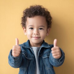 Cheerful Toddler Giving Thumbs Up on Yellow Background