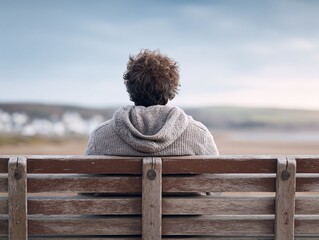 Contemplative Man Sitting on Park Bench in Open Landscape