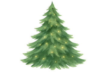 Fototapeta premium Christmas tree watercolor illustration with glowing lights, festive holiday season decoration with transparent background