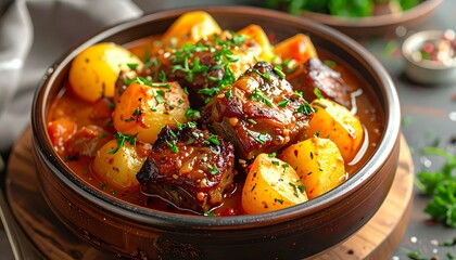 Hearty beef and potato stew, garnished with herbs, served in a brown bowl on a wooden board