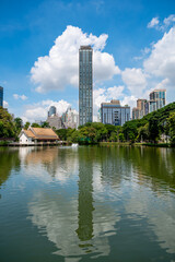 Panoramic view of Bangkok skyline from Lumphini Park, with tall skyscrapers rising above a calm lake surrounded by trees and palms, blending urban energy with peaceful nature.