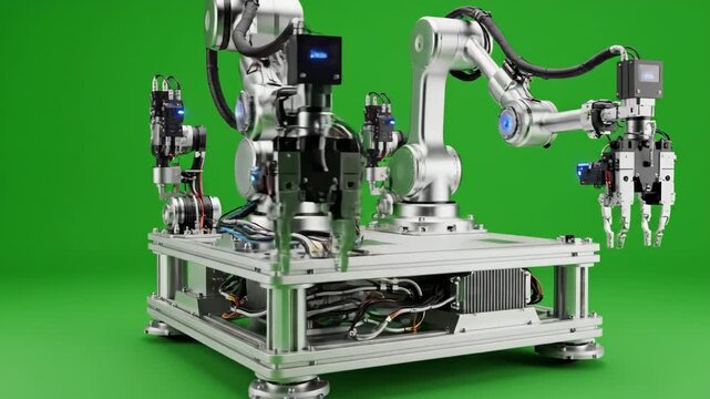 Automated metallic robotic platform rotating slowly on an isolated green screen background ready for keying to deploy high-tech harvesting strategies green, mechanism, slowly