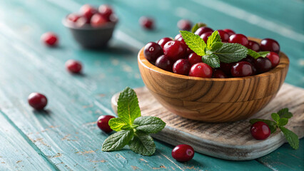 Fresh Cranberries in Wooden Bowl &ndash; Organic Red Berries with Mint on Rustic Table
