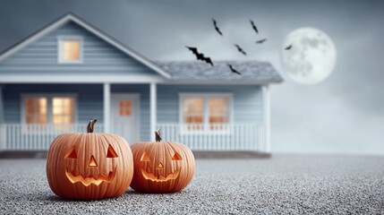 Night Haunted House with Carved Pumpkins and Flying Bats