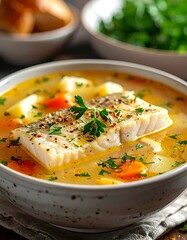 Hearty fish chowder with carrots, potatoes, herbs in a rustic bowl. Rustic backdrop w/ bread, salad