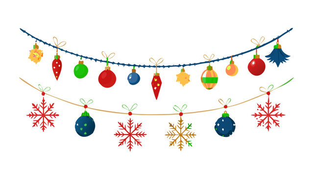 Set of Christmas or New Year decorative borders, strings or garlands. Party decoration with Christmas balls, baubles, stras, fir tree branches and snowflakes. Isolated vector objects. vector icon