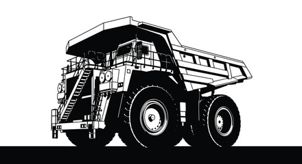 High-contrast black and white illustration of a massive mining haul truck, highlighting its powerful and heavy-duty industrial design.