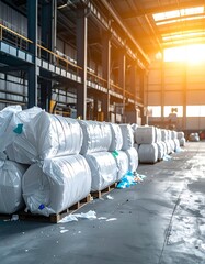 Large rolls of white material stacked high in a warehouse, lit by sunlight