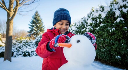 Happy Boy Building Snowman with Carrot Nose on Sunny Winter Day