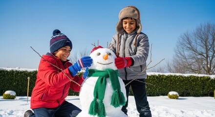 Joyful boys building snowman on a bright sunny winter day