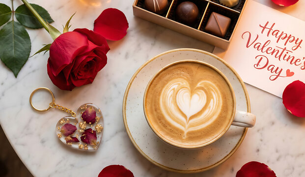 Romantic morning latte coffee roses gentle light serene tabletop scene