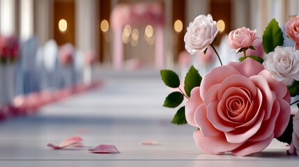 Elegant wedding palace interior with pink and white roses