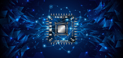 Microchip processor circuit board technology on dark blue background. Information Processing Concept. Circuit board hi-tech technology background. vector illustration	