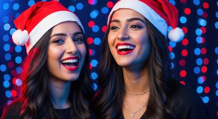 Joyful Young Women Celebrate Christmas in Santa Hats