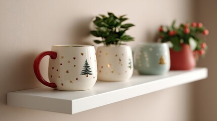 Fototapeta premium Minimalist holiday home decor featuring festive mugs and plants on a shelf