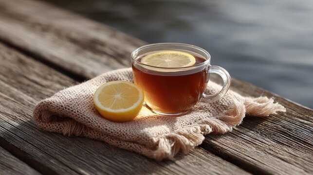 Warm cup of lemon tea and a knitted blanket on a rustic wooden deck by the water - Powered by Adobe