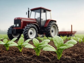 Spring Day crop with Seedlings and Tractor