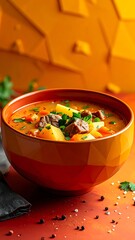 Hearty stew in a geometric bowl against a warm-toned backdrop, sprinkled with seasoning and fresh herbs