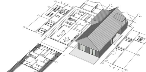 house architectural project sketch 3d illustration	
