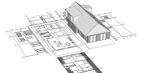 house architectural project sketch 3d illustration	
