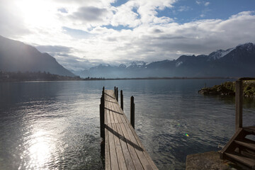 Switzerland Lake Geneva on a cloudy winter day