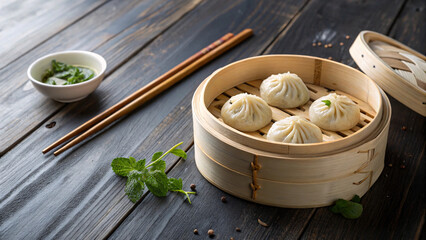 Fresh Steamed Dumplings in Bamboo Basket &ndash; Authentic Asian Cuisine Food Photography