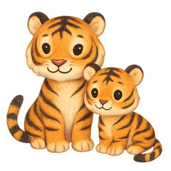 Pencil-style illustration of a cute tiger parent and cub sitting together with friendly expressions, designed for children&rsquo;s educational, and animal-themed projects on a transparent background