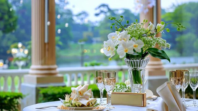 A stunning dining arrangement showcasing an elegant floral centerpiece and fine dining items set up for a special gathering