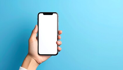 Hand holds a phone with a blank white screen, set against a light blue background, clean and simple