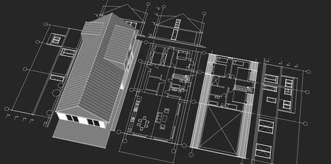 house architectural project sketch 3d illustration	
