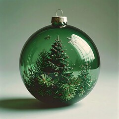 Large, translucent green Christmas ornament reveals evergreen trees inside against a simple, light background