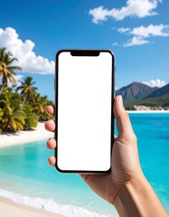 Hand holds a phone with a white screen on a tropical beach with blue sky and water background