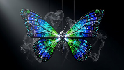 A futuristic mechanical butterfly with vibrant green and blue circuit board wings