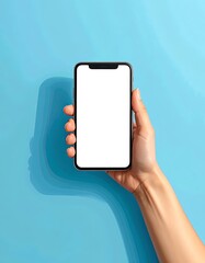 Hand holds a phone with blank white screen against a bright blue background, casting soft shadow