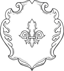 A black and white drawing of a shield with a fleur de lis on it