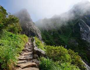 a winding mountain path ascends through lush vegetation and rocky terrain with mist clinging to the higher slopes