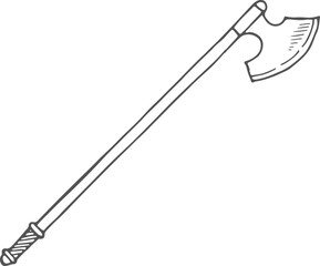 A black and white drawing of a long wooden pole with a curved blade at the end