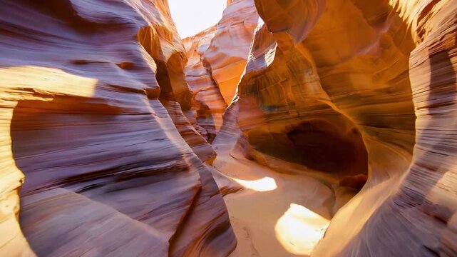 Dynamic sunlight illuminating the narrow sandstone walls of a dramatic slot canyon with vibrant textures and flowing natural formations.
