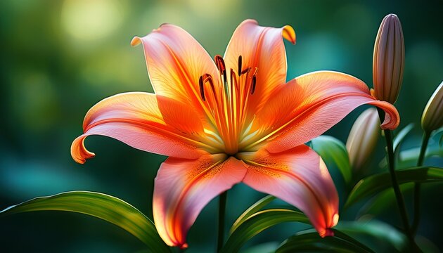 a vibrant orange pink lily flower stands out against a blurred backdrop of lush greenery - Powered by Adobe