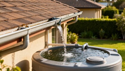 Medium shot of a rainwater harvesting system with roof gutters directing water into a large storage tank for sustainable water conservation in a residential setting.